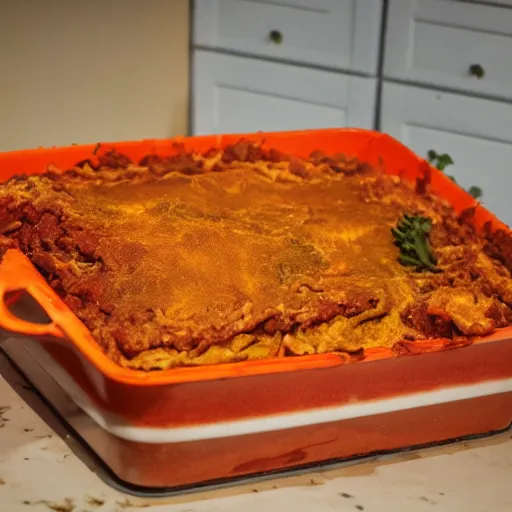 Image similar to ((orange)) tabby cat standing in lasagna, messy, photo, detailed, 4k