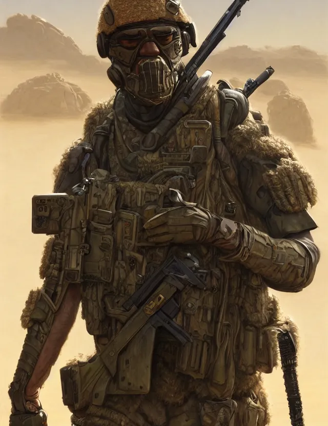 Prompt: a portrait of barack obama wearing tactical combat desert camouflage gear, by moebius and tyler edlin and hr giger, trending on artstation, digital art, 4 k resolution, detailed, high quality, sharp focus, hq artwork, coherent, insane detail, concept art