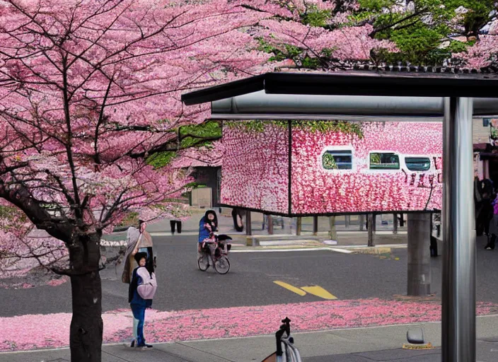 Image similar to a bus stop in kyoto where cherry blossoms bloom a warm pink color pixel art.