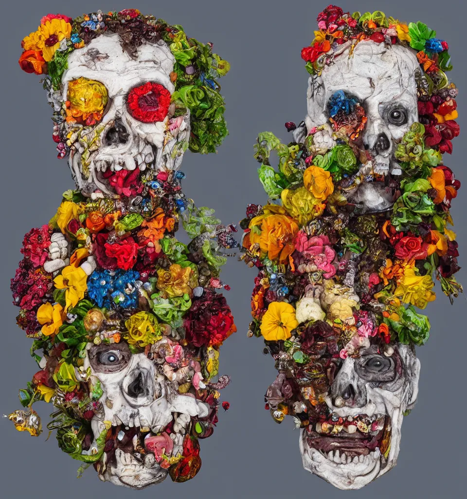 Prompt: portrait headshot of a zombie punk, head made of fruit gems and flowers in the style of arcimboldo, john currin, photorealistic, dynamic lighting, action figure, clay sculpture, claymation, dull blue cloudy background