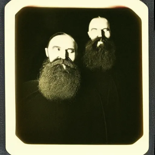 Image similar to trail _ camera _ photo _ of _ a _ breaton monks looking like rasputin with lit candles _ realistic _ spooky _ grimdark _ night _ black _ and _ white, polaroid
