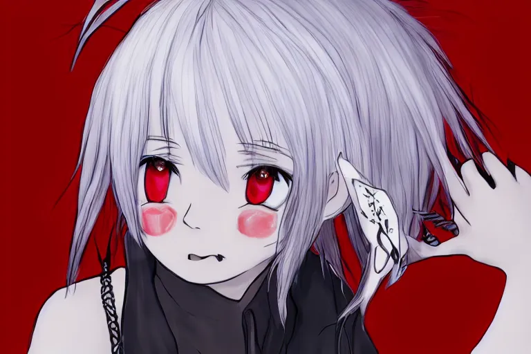 Prompt: white hair, red eyes, two little horn on the head, anime style, anime girl, sketch