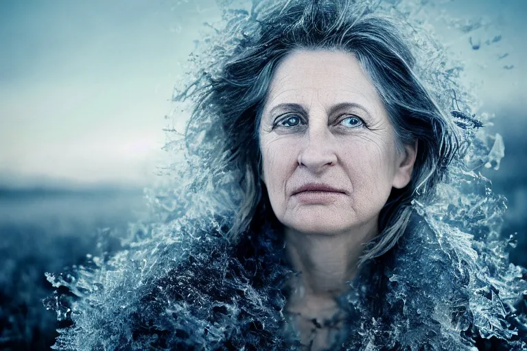 Image similar to a highly detailed cinematic headshot portrait photograph of a frozen middle aged woman stood in a field, field on fire, ultra realistic, depth, beautiful lighting, by annie leibovitz, photorealistic, hyperrealistic, octane, masterpiece