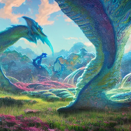 Image similar to concept art painting of a psychedelic dragon landscape made of thousands of dragons, realistic, detailed, cel shaded, in the style of makoto shinkai and greg rutkowski and james gurney