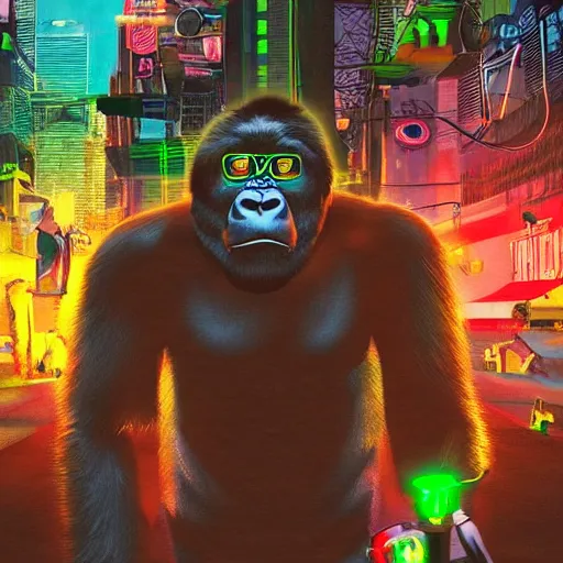 Prompt: a gorilla riding an fixie bike in a post apocalyptical urban scene with many flying vehicles cyberpunk labels neon, haze and smoke, robots, digital art