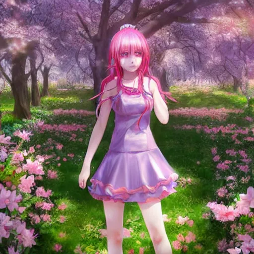 Image similar to 3d rendered anime girl with cherry blossoms as clothing in a flower garden, fantasy art, hyper realistic, detailed, ultra detailed, dynamic lighting, fantasy concept art