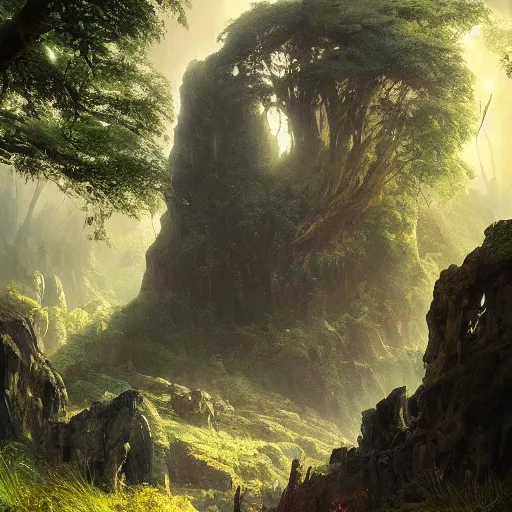 Prompt: The ancient corpse of a fallen stone titan within a deep and lush valley, Greg Rutkowski WLOP, dramatic lighting, view for miles, lens flare, perspective, landscape, beautiful lighting, stone colossus remains