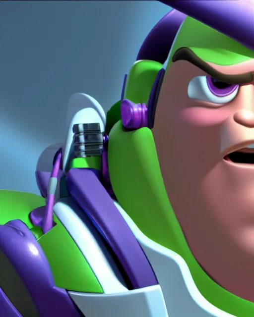 Prompt: Film still close-up shot of Jack black as Buzz Lightyear in the movie Toy Story 3. Photographic, photography