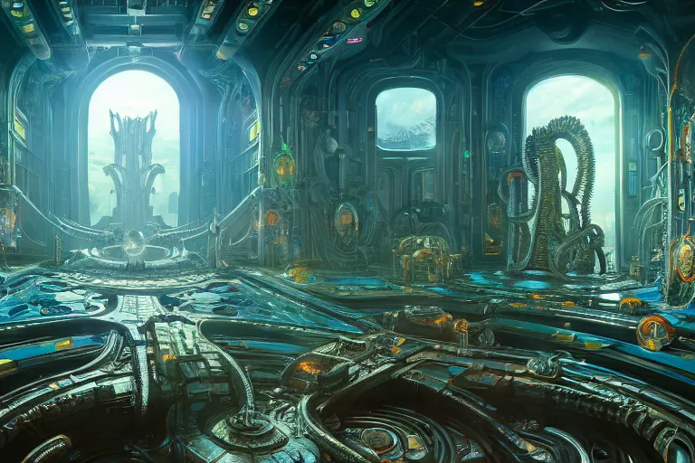 Image similar to a beautiful painting of an elaborate utopian sci - fi scene painted by hr giger and lisa frank, detailed, unreal engine, 4 k octane render, raytracing, volumetric lighting, epic, shadows,