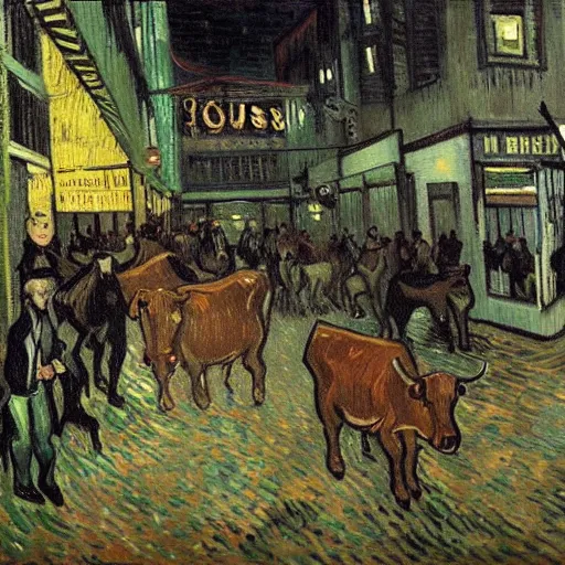 Image similar to cows trying to get into The Steakhouse inside Circus Circus casino at 3AM during a riot, surreal, ultra detailed, by vincent van gogh in 1890