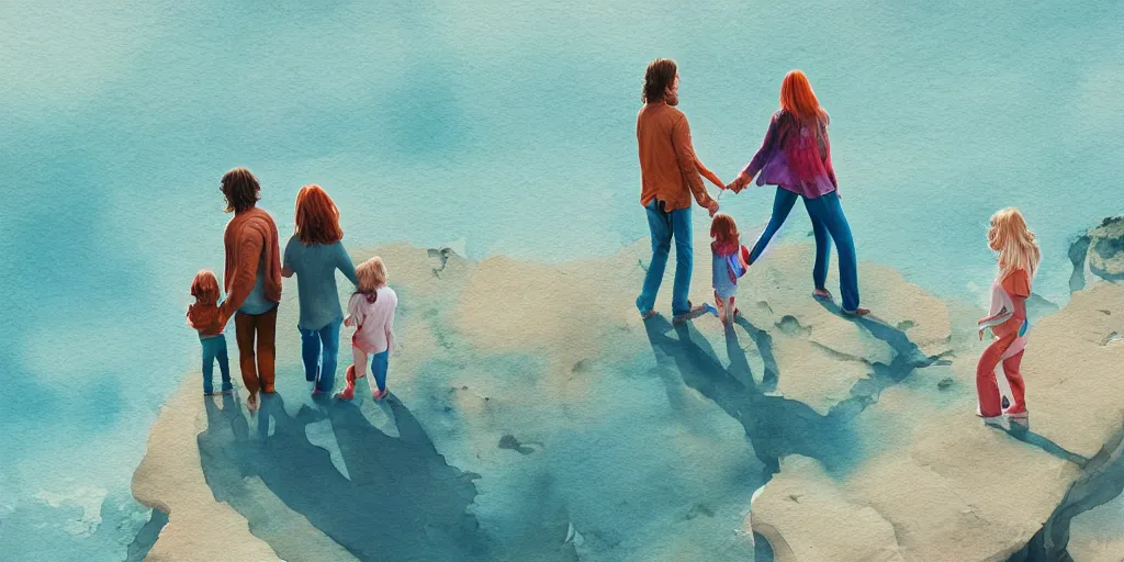 Prompt: hippie style family of woman, men, girl is taller, boy is shorter looking at the ocean holding hands, far - view, art, cinematic composition, octane render, high detail, 8 k, artstation trending, watercolor, artwork by tooth wu, colorful contrast, very coherent, thick lineart