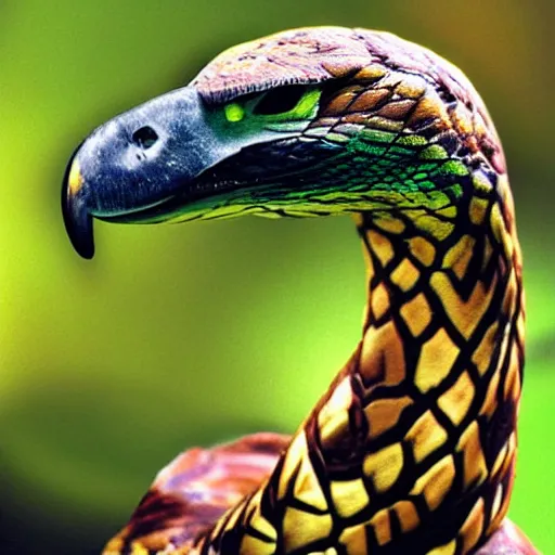 Image similar to hawk and anaconda morphed together, half anaconda half hawk, reptilian and avian features, real photo taken in zoo, highly detailed