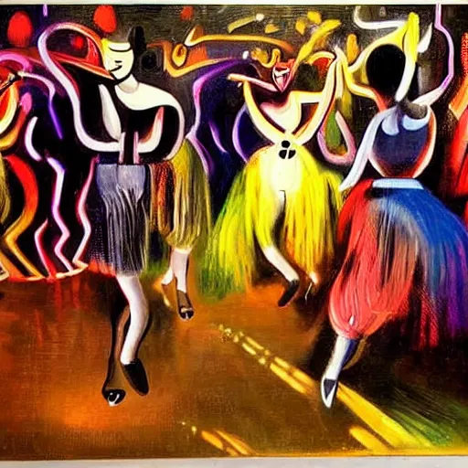 Prompt: dark dancing silhuettes in a dance club, colorful lights, dramatic lighting, a lot of energy, oil painting by salvador dali