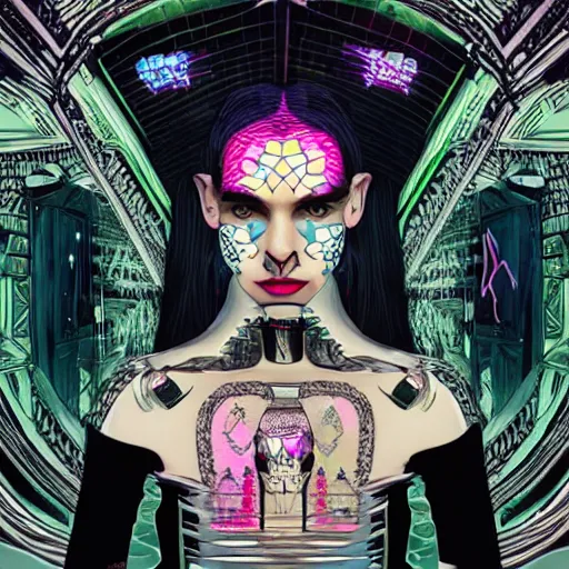 Prompt: a highly detailed symmetric wide shot of Grimes with a head as a diamond skull in a large room simulation with holographic symbolic codes