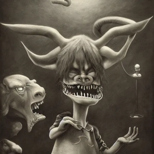 Prompt: a hyperrealistic painting of a demon performing at a childrens birthday party, by john kenn mortensen, highly detailed,