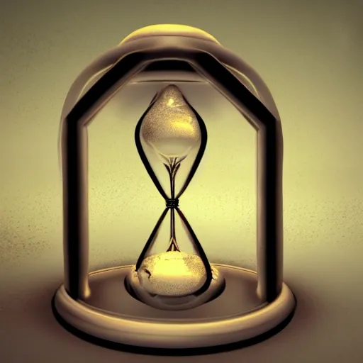 Prompt: Fairy trapped inside an hourglass. 3D render, 4k. Dramatic lighting and sharp focus.