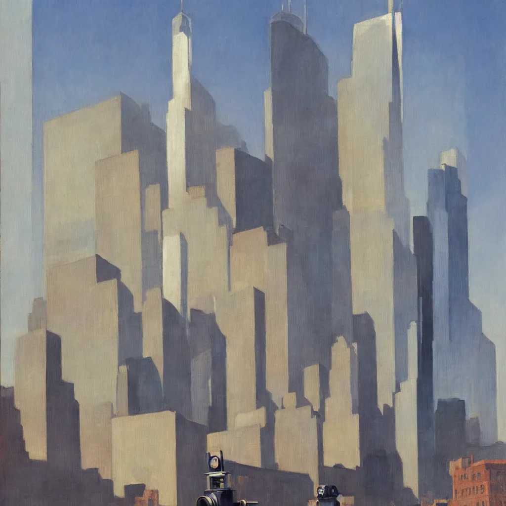 Prompt: a painting of a tin can robot posing for instagram in front of the World Trade Center by Edward Hopper