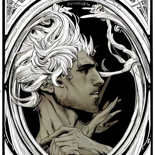 Prompt: young man, white hair, dark, epic, comic character concept, comic, baroque art, Renaissance art, james jean, mucha art nouveau, extremely detailed and intricate, center composition, elegant, extremely contrast, extremely sharp lines, 8k