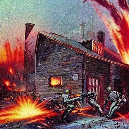 Image similar to color photo from the 80s, the shelling of a house in New York by Soviet soldiers, epic style, a bunch of explosions, realistic style