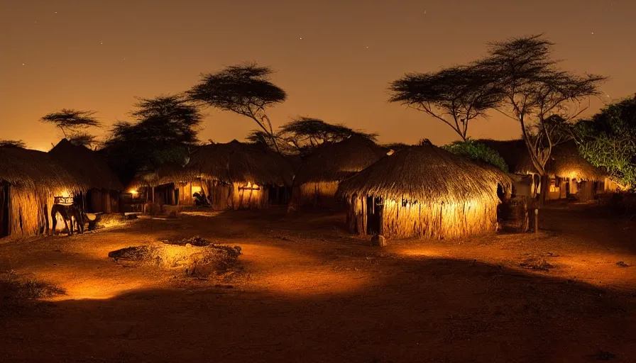 Prompt: an african village in the night, dramatic light, establishing shot