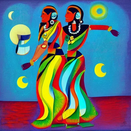 Prompt: two Indian Women in the moonlight dancing by the ocean , high quality art in the style of cubism and georgia o’keefe,