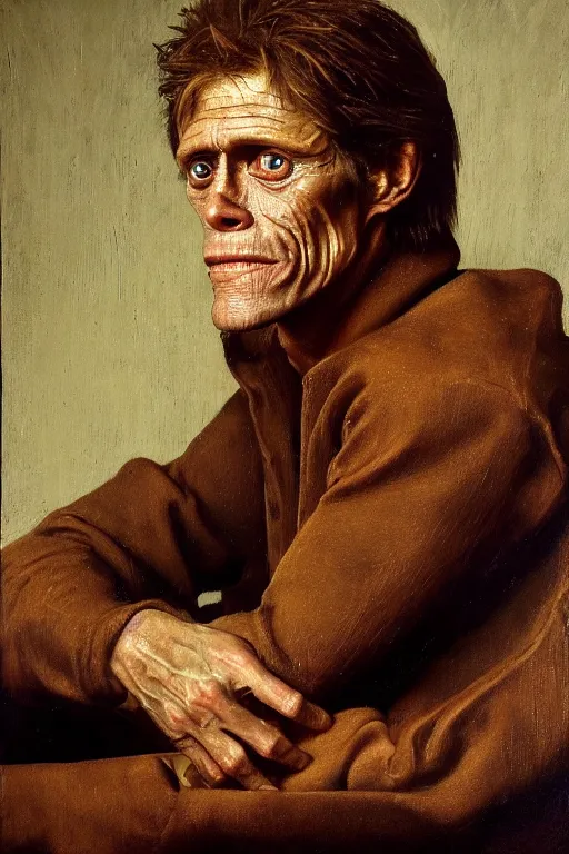 Prompt: an extremely high quality hd, portrait painting of 4 0 year old willem dafoe, renaissance oil painting, studious chiaroscuro, by h. r. ( hans ruedi ) giger, featured on cgsociety, afrofuturism, dystopian art, 8 k, ultra realistic, very realistic