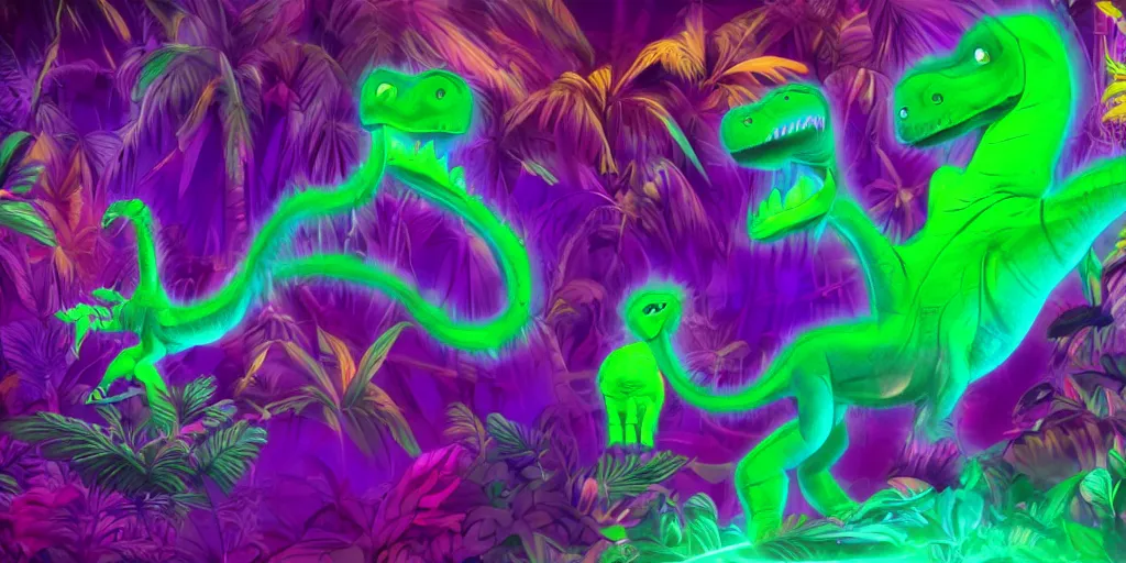 Image similar to spectral purple neon dinosaur, spectral neon pink dinosaur, spectral yellow neon dinosaur, green jungle background, detailed, ultrawide landscape