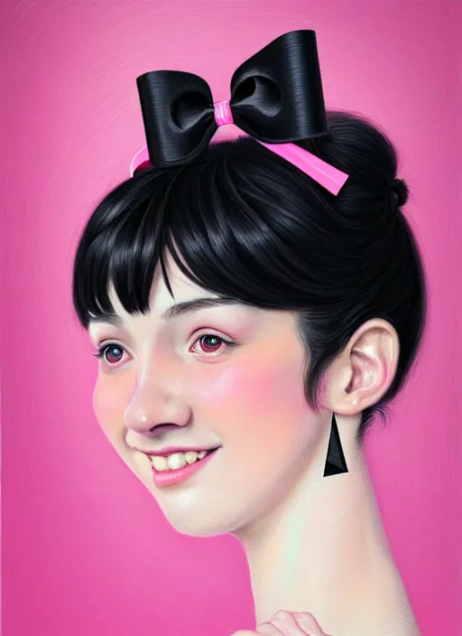 Image similar to portrait of high school girl, realistic, black hair, bangs, half updo hairstyle, pointy nose, skinny, smile, ugly, defined jawline, big chin, pink hair bow, earrings, intricate, elegant, glowing lights, highly detailed, digital painting, artstation, sharp focus, illustration, art by wlop, mars ravelo and greg rutkowski