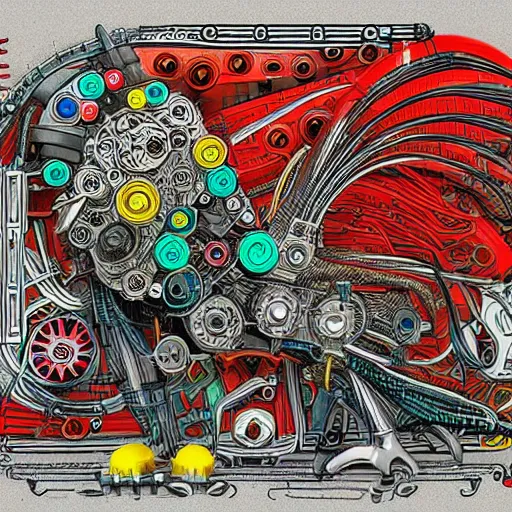 Prompt: colorful schematic of a fighting rooster made of car engine parts, schematic, dieselpunk, illustration, intricate, highly detailed