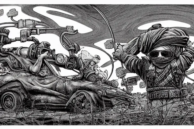 Prompt: a highly detailed garden gnome wearing goggles and head scarf hanging off the back of a car in full speed, wasteland, wide angle, an ultrafine detailed painting by p. craig russell and barry windsor - smith, trending on deviantart, octane, masterpiece