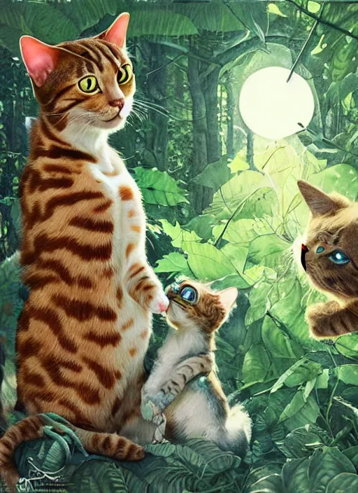 Image similar to a hyper realistic cat meeting an alien. and sunbeams blue sky, lush forest foliage painting by chiara bautista and norman rockwell and greg rutkowski weta studio, and lucasfilm