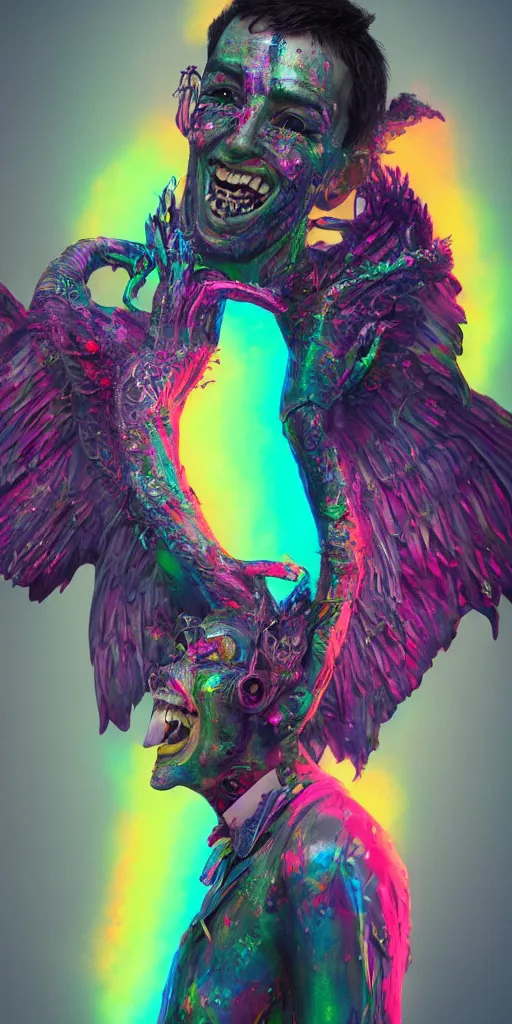 Image similar to impossibly beautiful portrait, dapper dream demon, wings, full body, bad trip, insane smile, intricate complexity, surreal horror, inverted neon rainbow drip paint, trending on art station, photoreal, 8 k, octane render by greg rutkowski