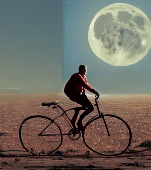 Image similar to superman riding a flying bike across the full moon as silhouette, from the movie e. t. the extra terrestrial, with dark trees in foreground, cinematic frame by steven spielberg, hd