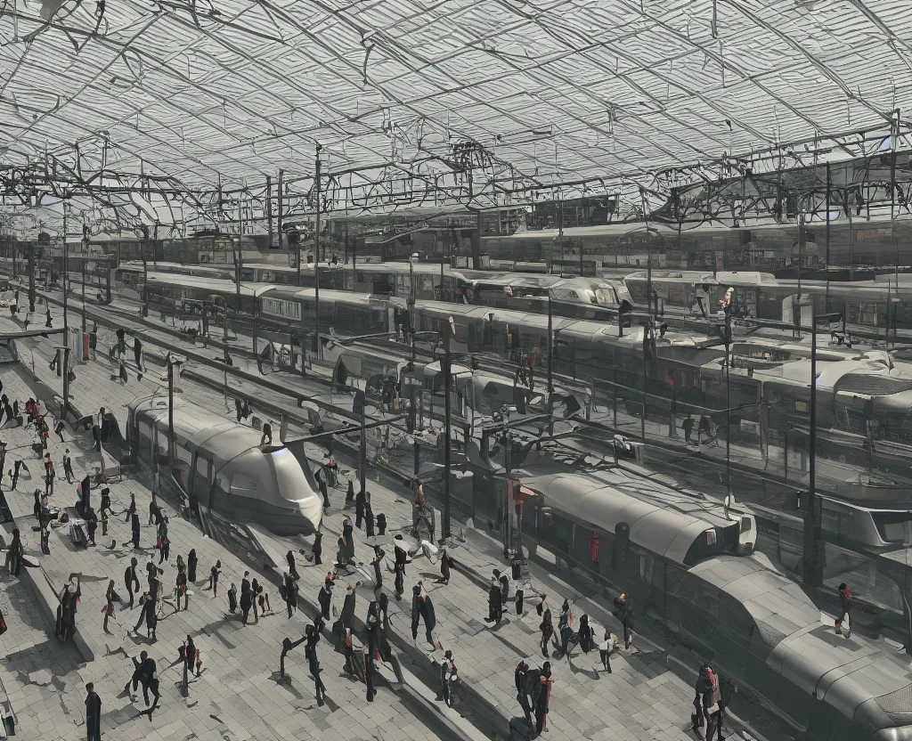 Image similar to french train station, interior, floating trains, floating people, floating objects, cinematic, surreal, octane render, cinematography