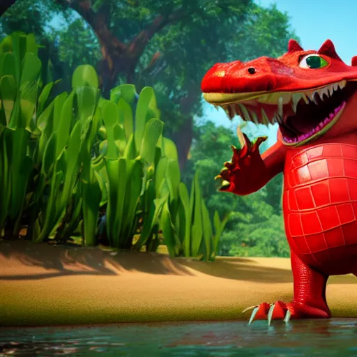 Prompt: 3 d render, anthropomorphic alligator, red scales on his back, male, waring swim shorts, in the style of zootopia, hd, 4 k, high definition background