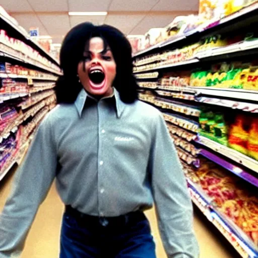 Prompt: micheal jackson giant mouth screaming yelling in supermarket