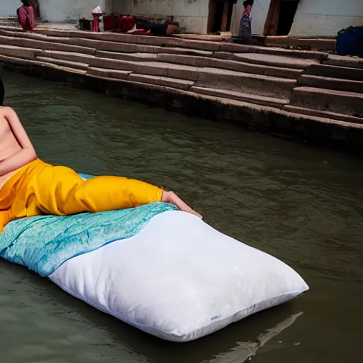 Prompt: an anime body pillow floating in the Ganges