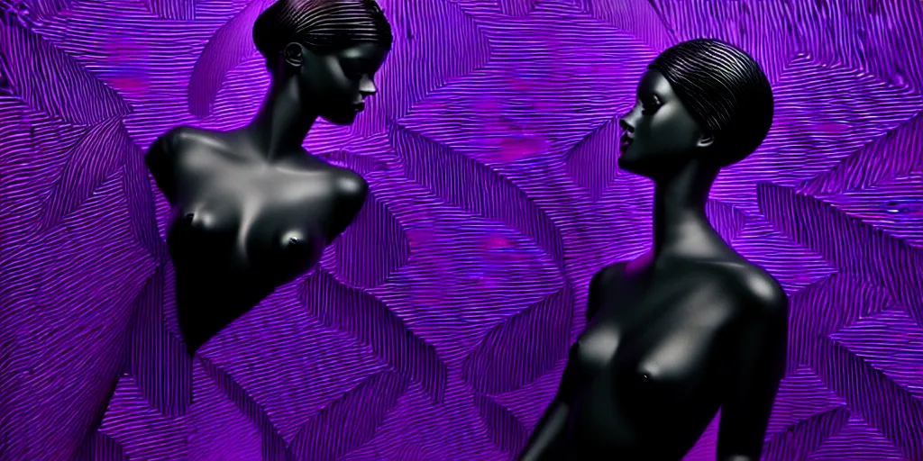 Prompt: a beautiful purple and black 3 d geometrically printed mannequin with angel wings!! in the style of james jean, chrome roses!!!! dripping black iridescent liquid, winged victory, moody, dramatic, introspective, 4 k, trending on artstation, photorealistic, volumetric lighting, octane render, tarot card with ornate border frame h - 1 0 2 4