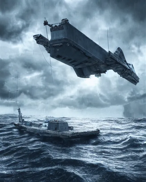 Image similar to establishing shot of a fishing boat on stormy seas, a gigantic star destroyer spaceship flying overhead, stormy weather, unreal engine, hyper realism, realistic shading, cinematic composition, realistic render, octane render, detailed textures, photorealistic, ultrawide shot, 16mm lens