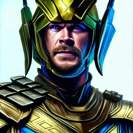 Image similar to chris hemsworth as spartan from wildc. a. t. s, hyperdetailed, blue and gold hour, trending on artstation