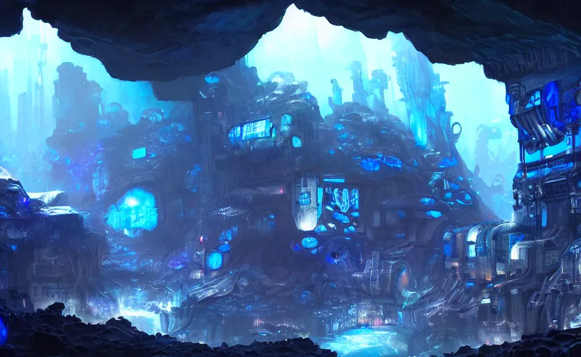 Image similar to cyberpunk factory in a giant dark cave, black rocks cave, detailed cave stones, deep cave, dramatic light, blue crystals, hyper detailed, realistic, intricate, concept art by frank hong, mate painting, artstation