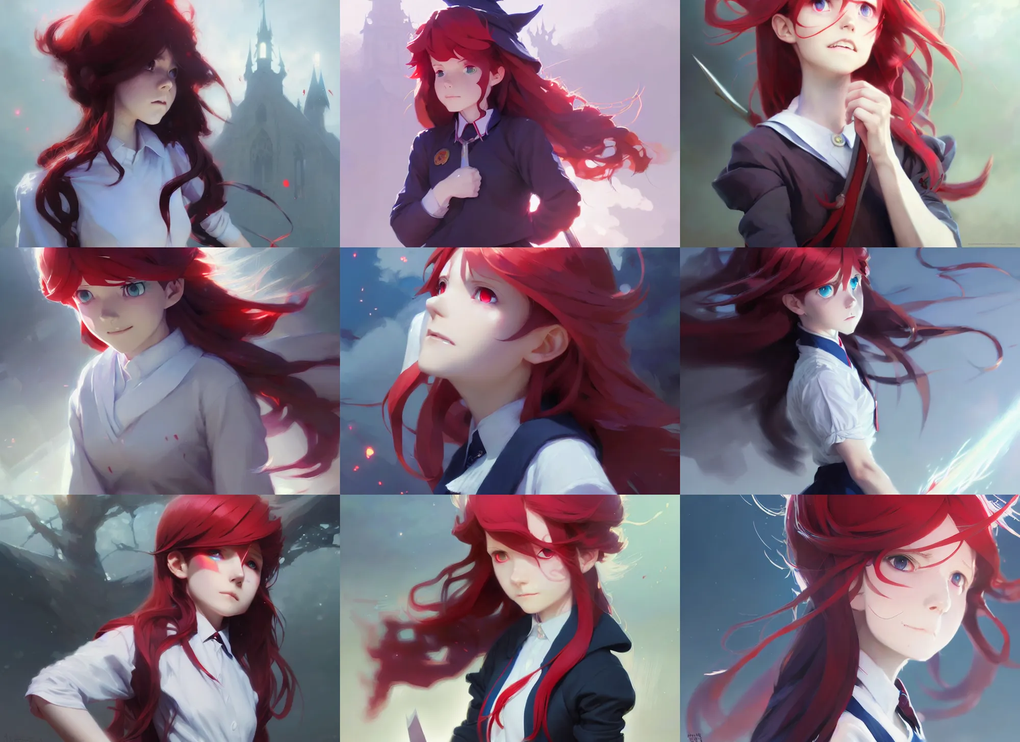 Prompt: little witch academia, red iridescent hair color, white school uniform, intricate, sharp focus, illustration, highly detailed, digital painting, concept art, matte, art by ruan jia and wlop and greg rutkowski, masterpiece