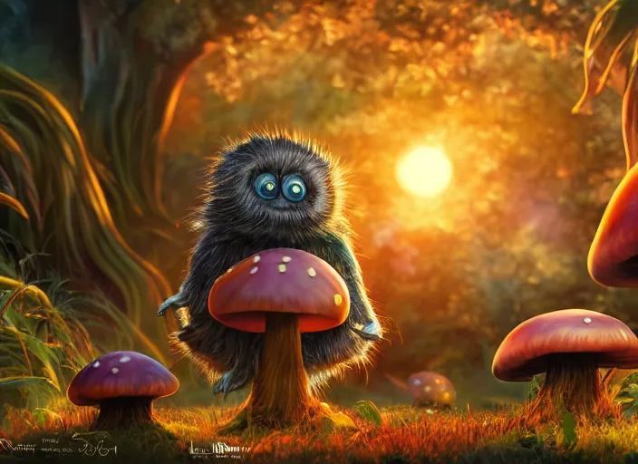 Image similar to a cute dr seuss creature sitting next to a mushroom, golden hour, fantasy, sharp focus, digital art, hyper realistic, 4 k, unreal engine, highly detailed, hd, dramatic lighting by brom, trending on artstation