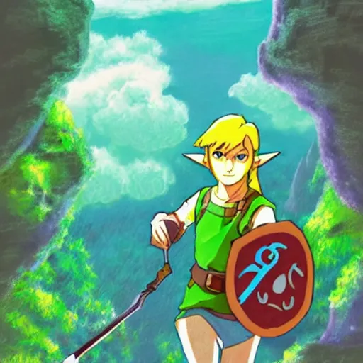 Prompt: beautiful illustration of link from ocarina of time in the style of studio ghibli, colorful, fantasy, anime