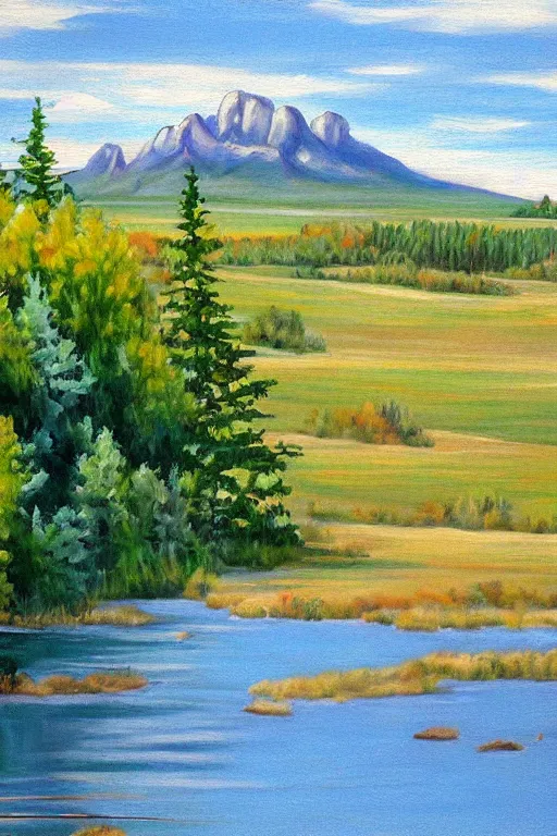 Image similar to bob ross painting of big rock okotoks alberta