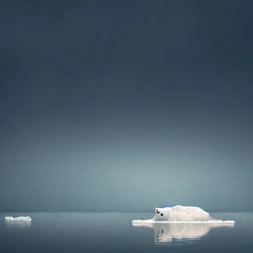 Image similar to a lonely polar bear on an iceberg. stormy seas. photograph in the style of simon stalenhag