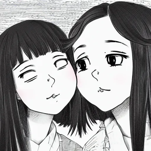 Image similar to portrait of two girls kissing, detailed manga art