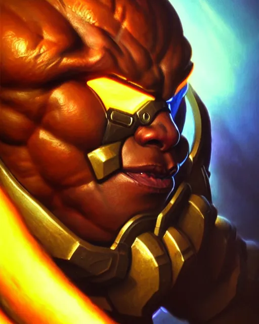 Image similar to doomfist from overwatch, elegant, confident, smug, ripped, buff, strong, colorful, fantasy, fantasy art, character portrait, portrait, close up, highly detailed, intricate detail, amazing detail, sharp focus, vintage fantasy art, vintage sci - fi art, radiant light, caustics, by boris vallejo