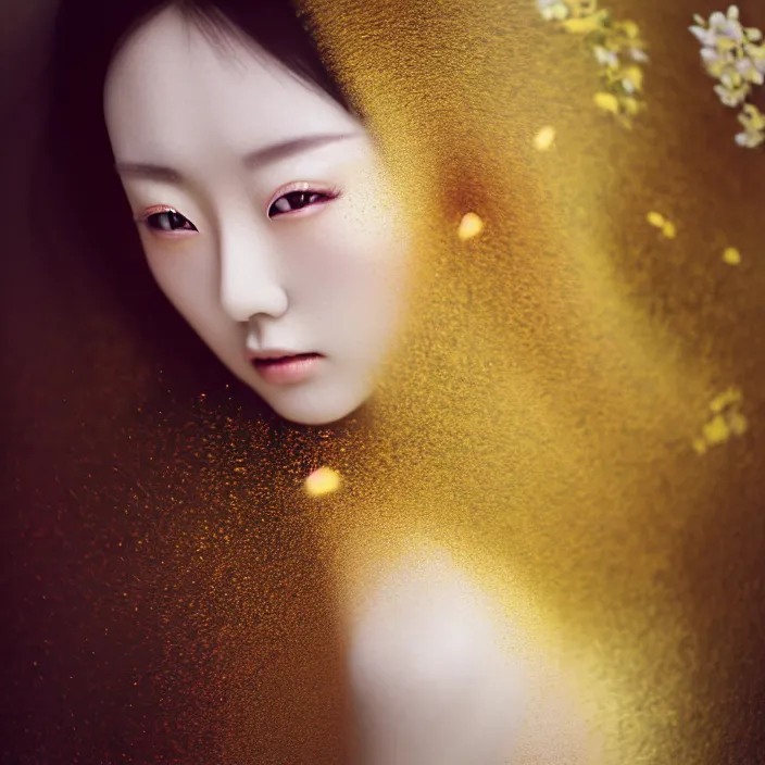 Image similar to Kodak Portra 400, 8K, soft light, volumetric lighting, highly detailed, Rena Nounen style 3/4 ,portrait photo of a Japanese ravishing Goddess by WLOP, the face emerges from a lava flowing gold travertine terraces with sakura trees, inspired by Ophelia paint , a beautiful chic dress and hair are intricate with highly detailed realistic beautiful flowers , Realistic, Refined, Highly Detailed, ethereal lighting colors scheme, outdoor fine art photography, Hyper realistic, photo realistic, masterpiece