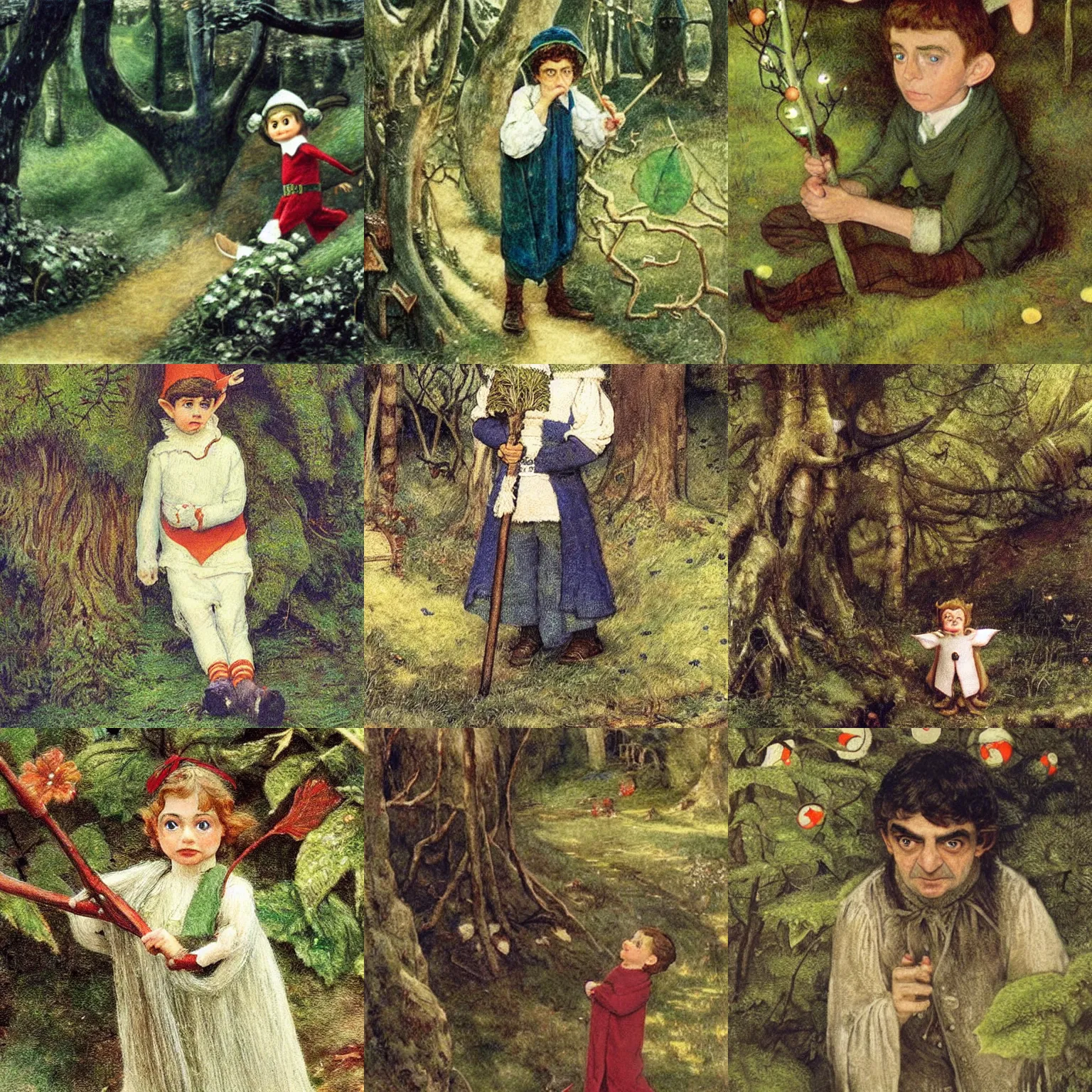 Prompt: painting still of rowan atkinson as an elf!!!! in ( ( ( henry meynell rheam's the fairy wood ) ) ) ( 1 9 0 3 )